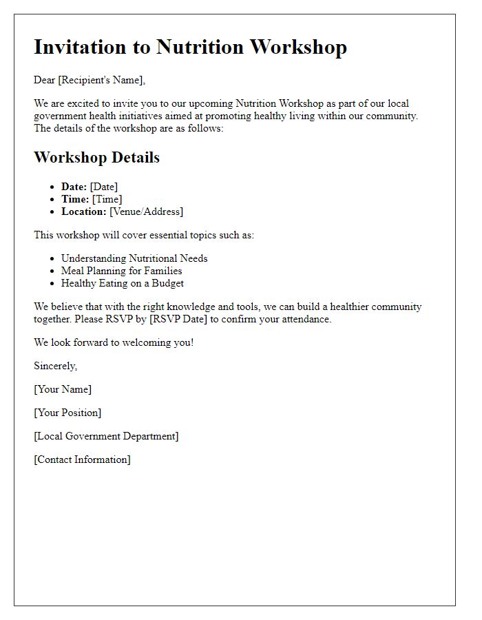 Letter template of nutrition workshop invitation for local government health initiatives.