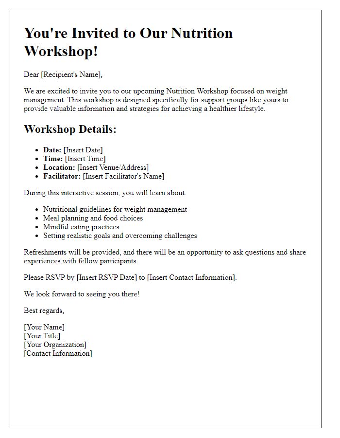 Letter template of nutrition workshop invitation for weight management support groups.