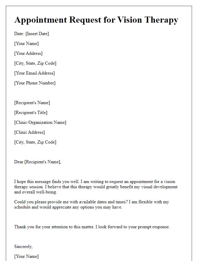 Letter template of appointment request for vision therapy session