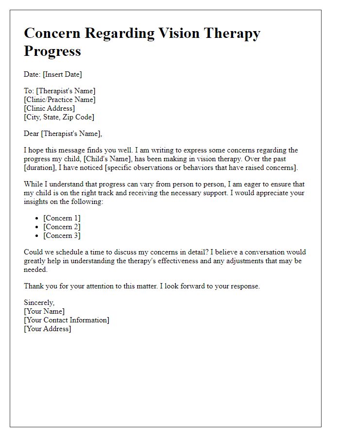 Letter template of concerns regarding vision therapy progress