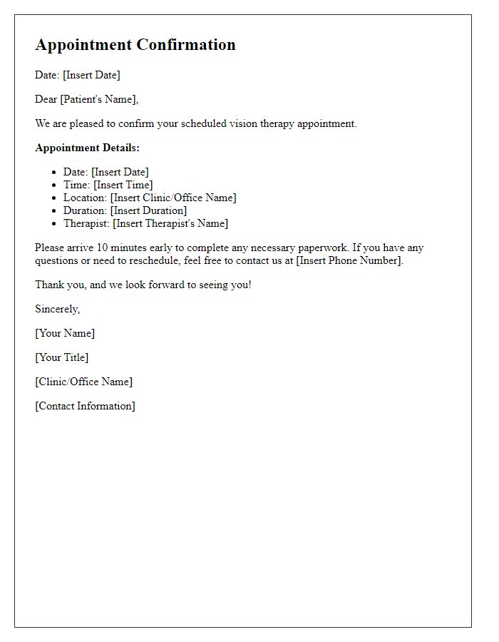 Letter template of confirmation for scheduled vision therapy