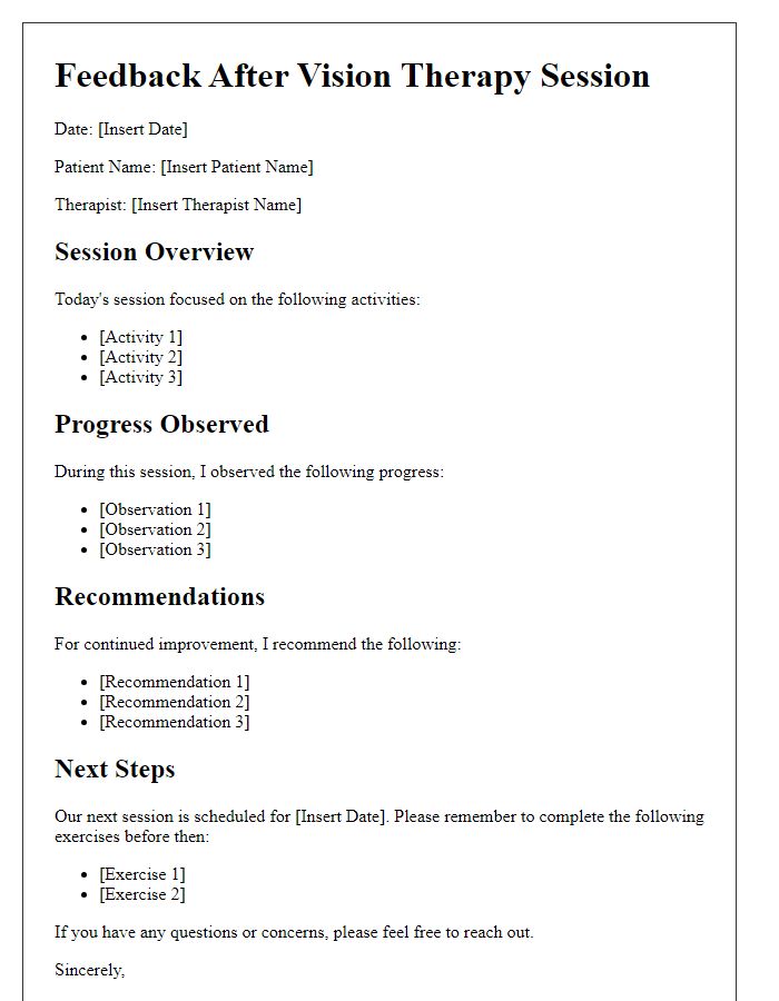 Letter template of feedback after vision therapy session