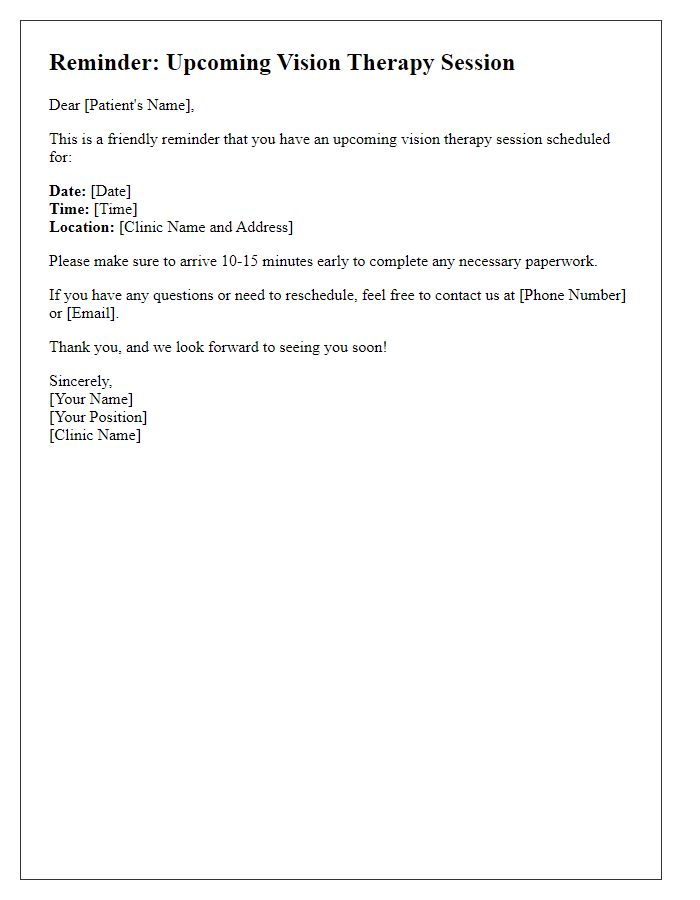 Letter template of reminder for upcoming vision therapy session