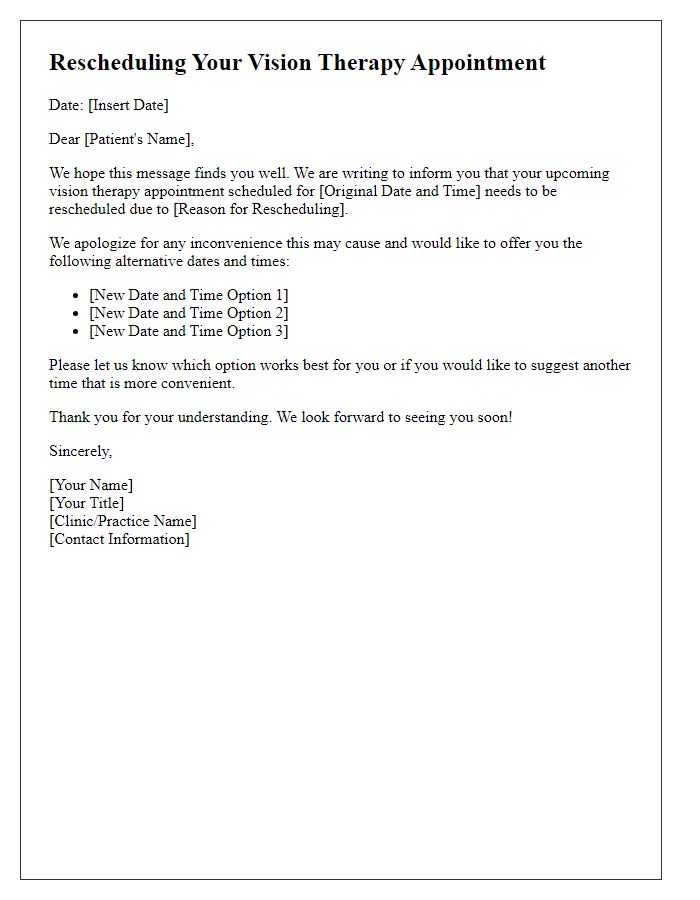 Letter template of rescheduling a vision therapy appointment