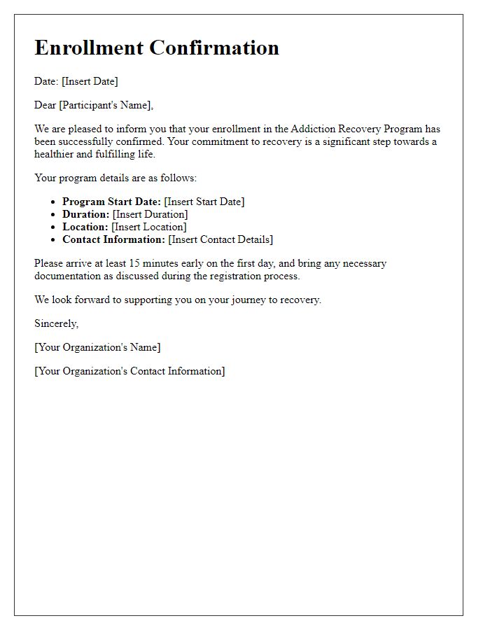 Letter template of enrollment confirmation for addiction recovery program