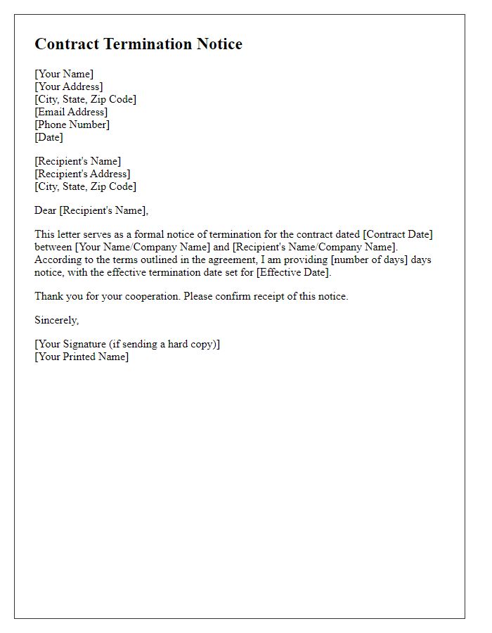 Letter template of concise contract termination notice