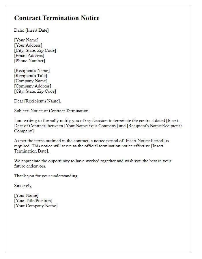 Letter template of formal contract termination notice