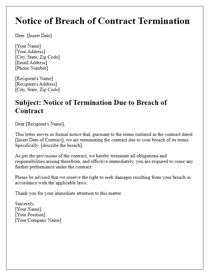 Letter template of notice for breach of contract termination