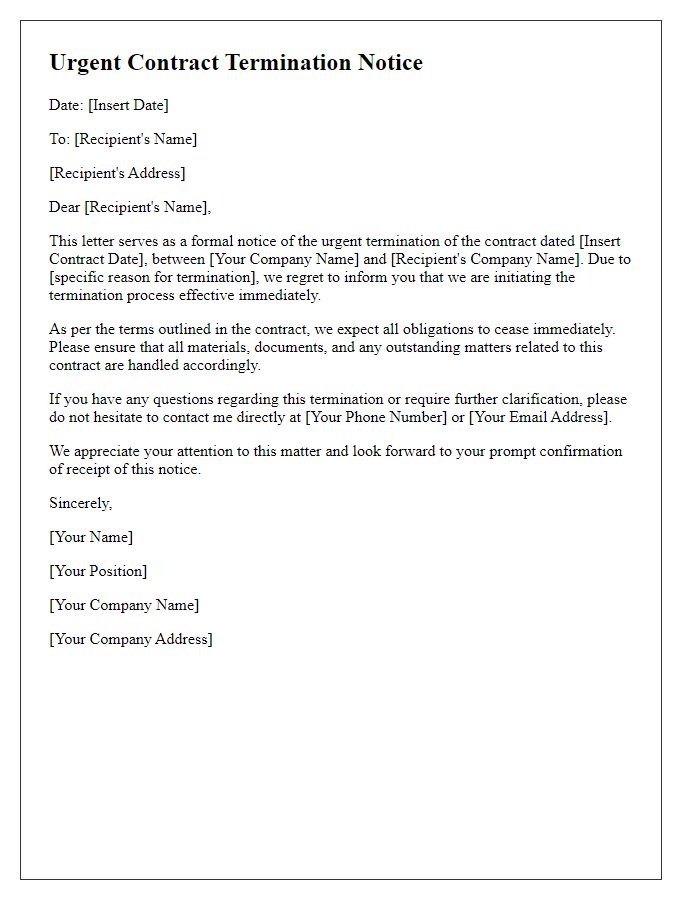 Letter template of urgent contract termination notice