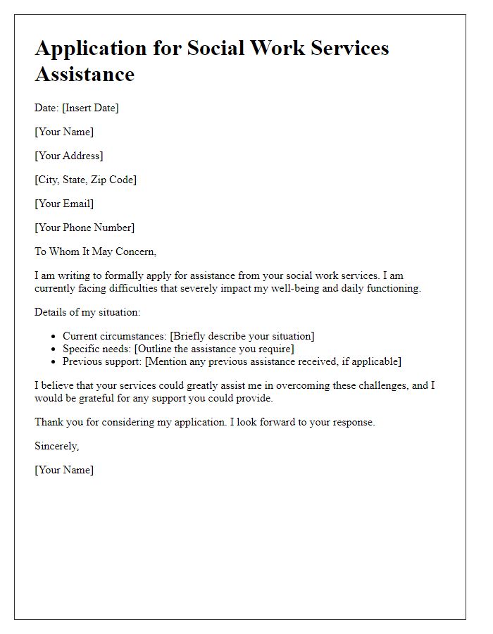 Letter template of application for social work services assistance