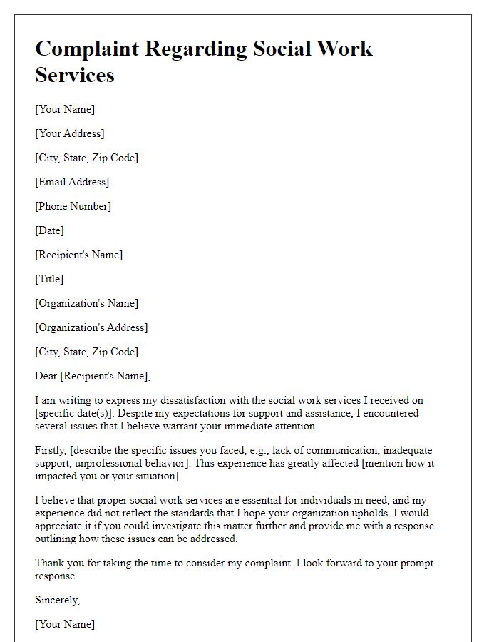 Letter template of complaint regarding social work services