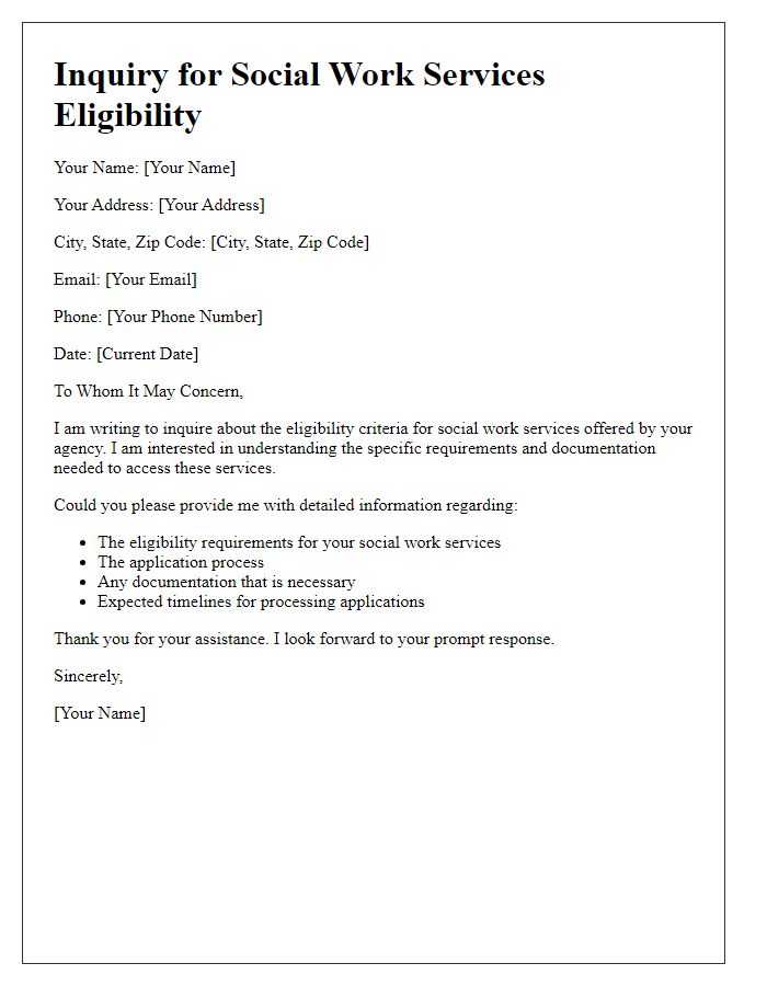 Letter template of inquiry for social work services eligibility