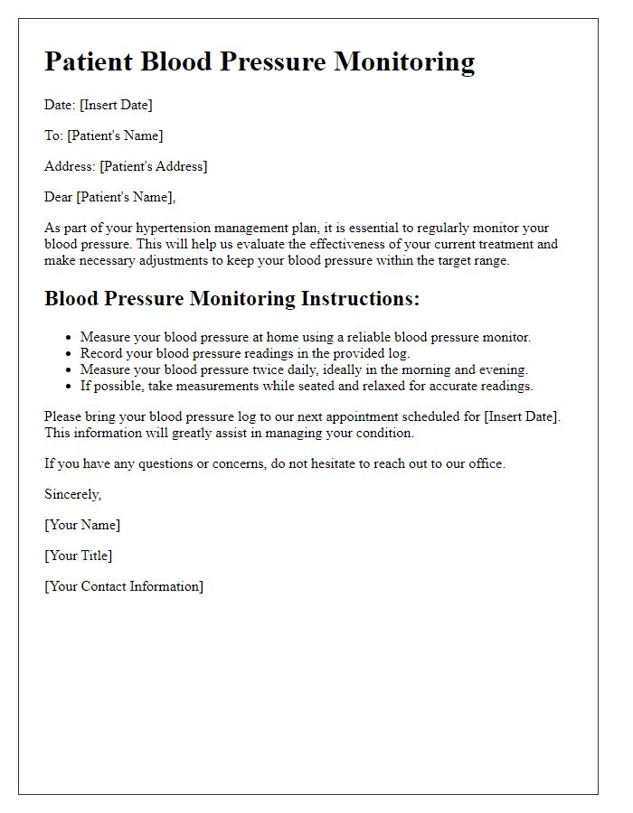 Letter template of blood pressure monitoring for hypertension management.