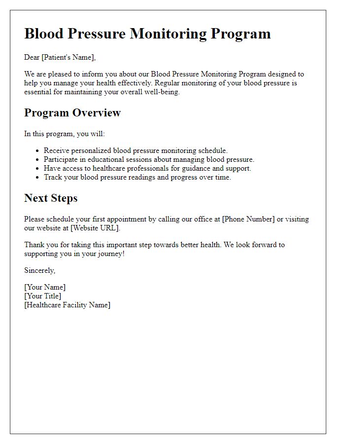 Letter template of blood pressure monitoring program for patients.