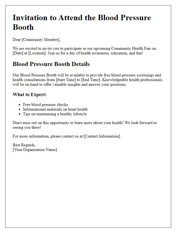 Letter template of community health fair blood pressure booth.