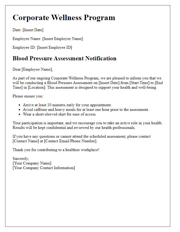 Letter template of corporate wellness blood pressure assessment.