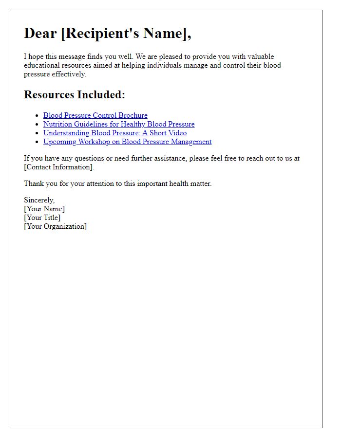 Letter template of educational resources for blood pressure control.