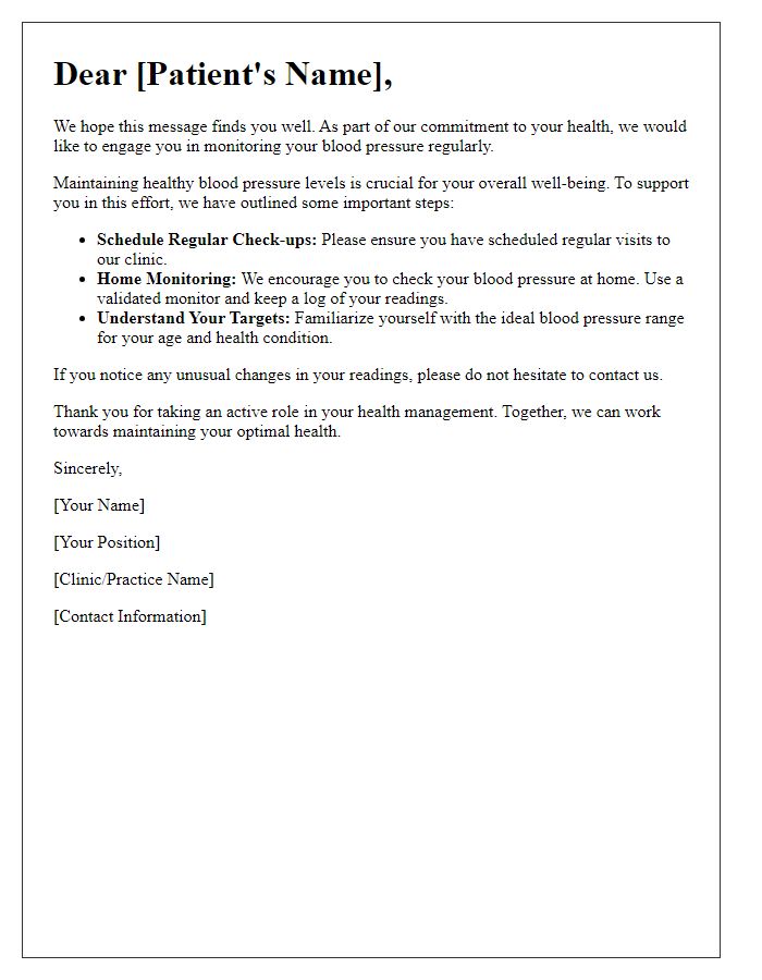 Letter template of patient engagement in blood pressure monitoring.