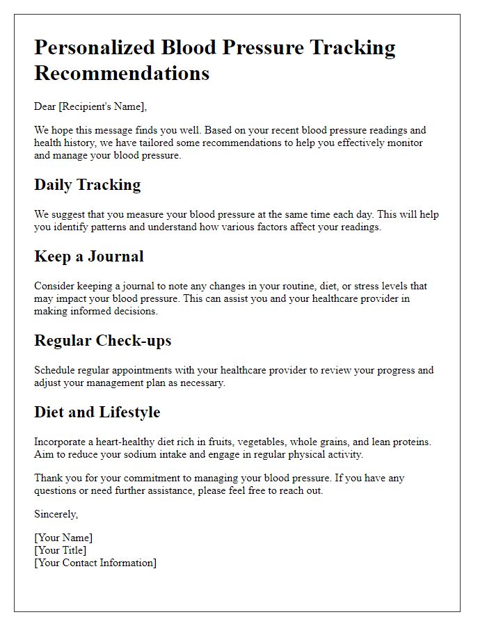 Letter template of personalized blood pressure tracking recommendations.