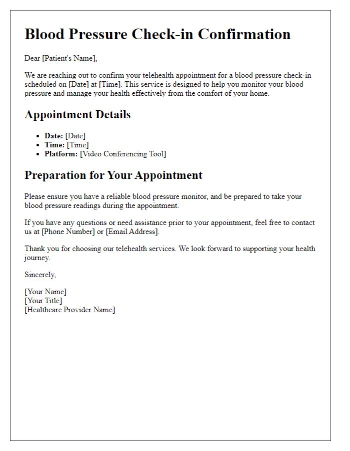 Letter template of telehealth blood pressure check-in service.