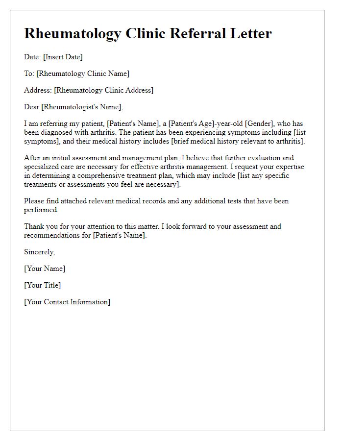 Letter template of rheumatology clinic referral for arthritis management plan.