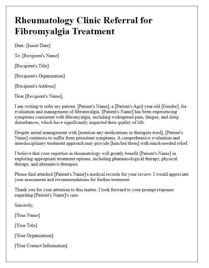 Letter template of rheumatology clinic referral for Fibromyalgia treatment options.