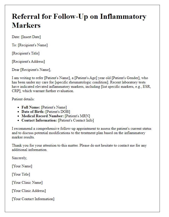 Letter template of rheumatology clinic referral for follow-up on inflammatory markers.