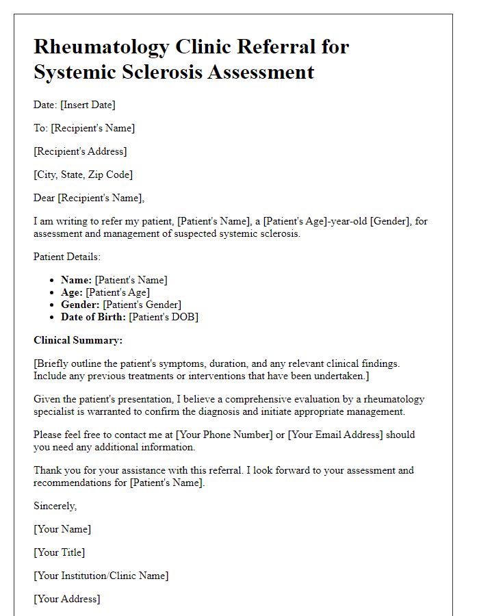 Letter template of rheumatology clinic referral for systemic sclerosis assessment.