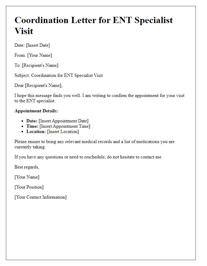 Letter template of coordination for ENT specialist visit