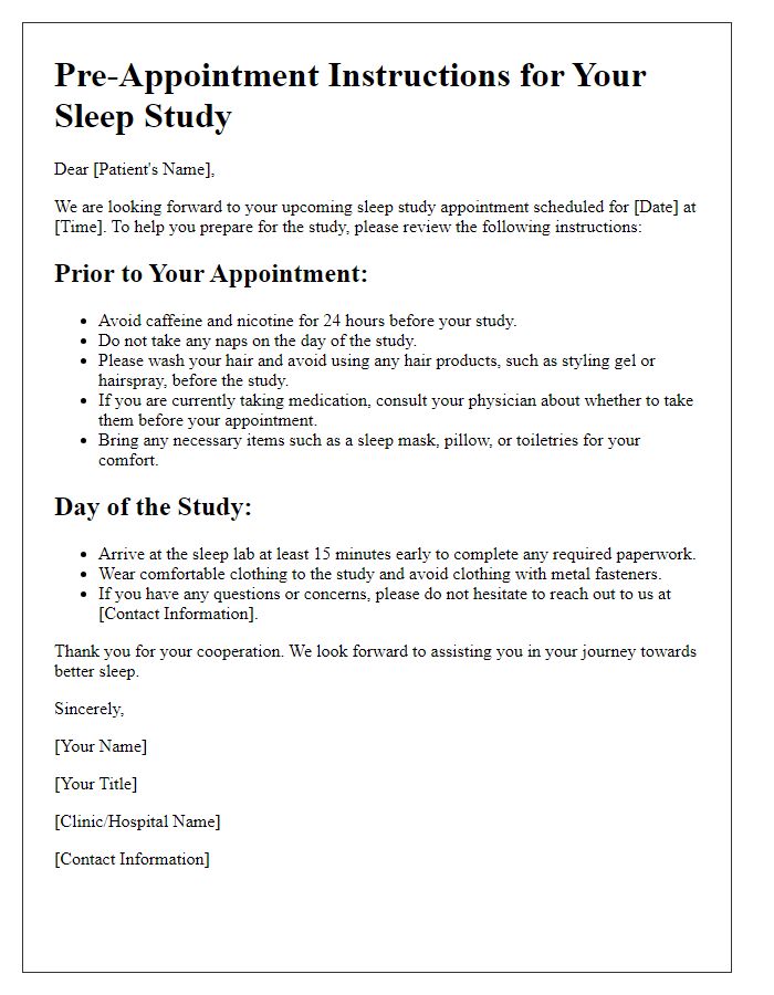 Letter template of sleep study pre-appointment instructions