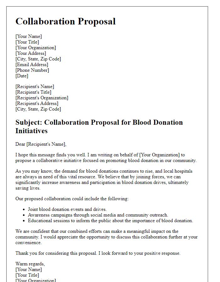 Letter template of collaboration proposal for blood donation initiatives.