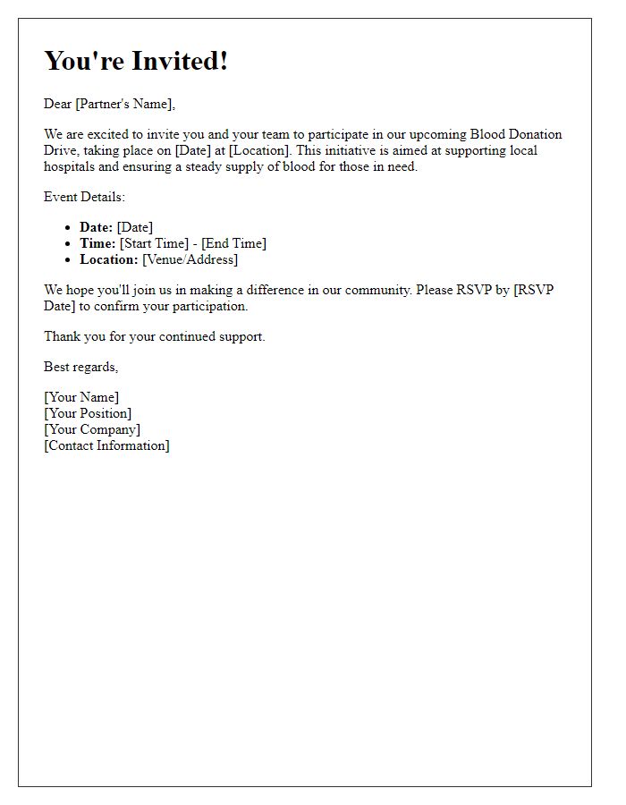 Letter template of invitation to corporate partners for a blood donation drive.