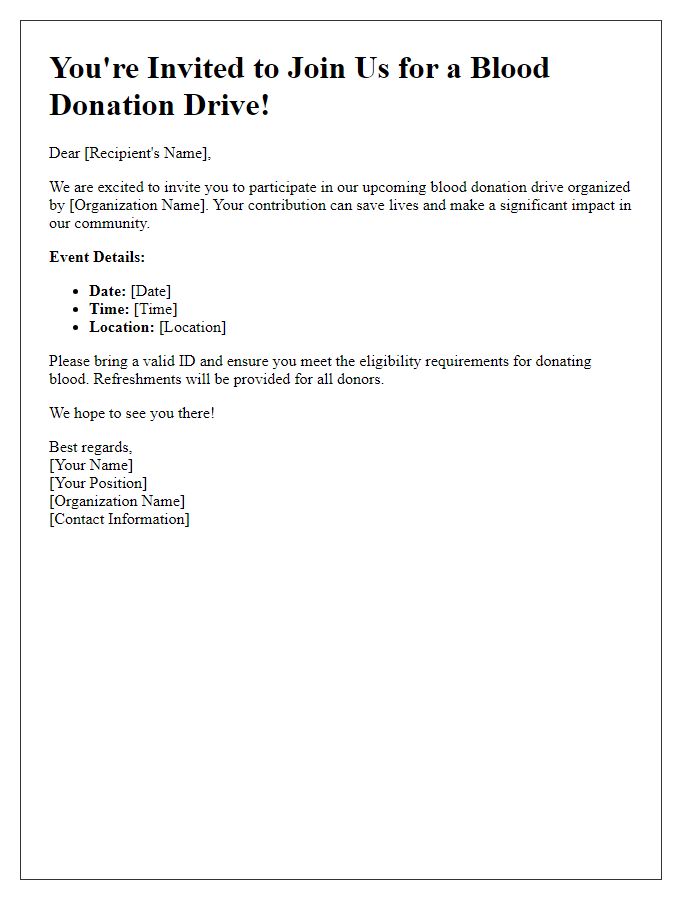 Letter template of invitation to participate in a blood donation drive.