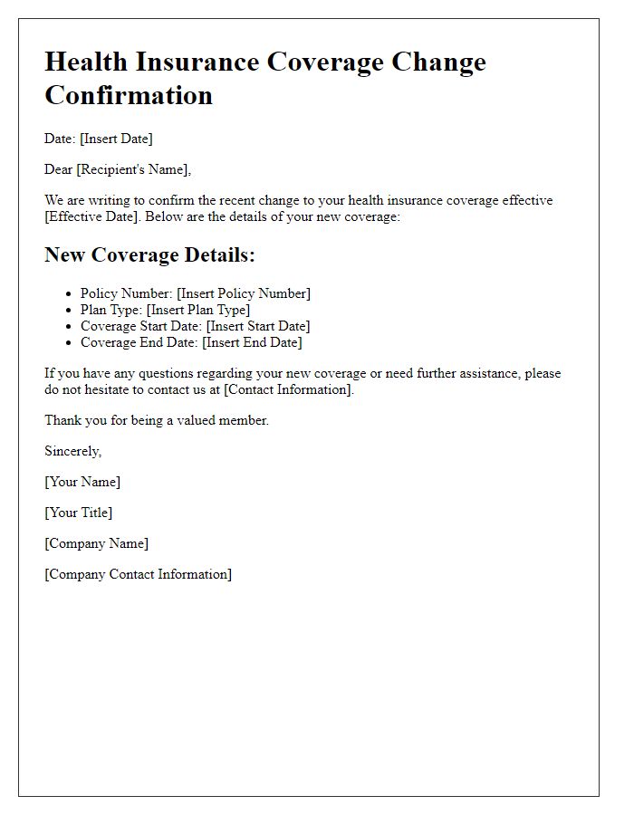 Letter template of health insurance coverage change confirmation