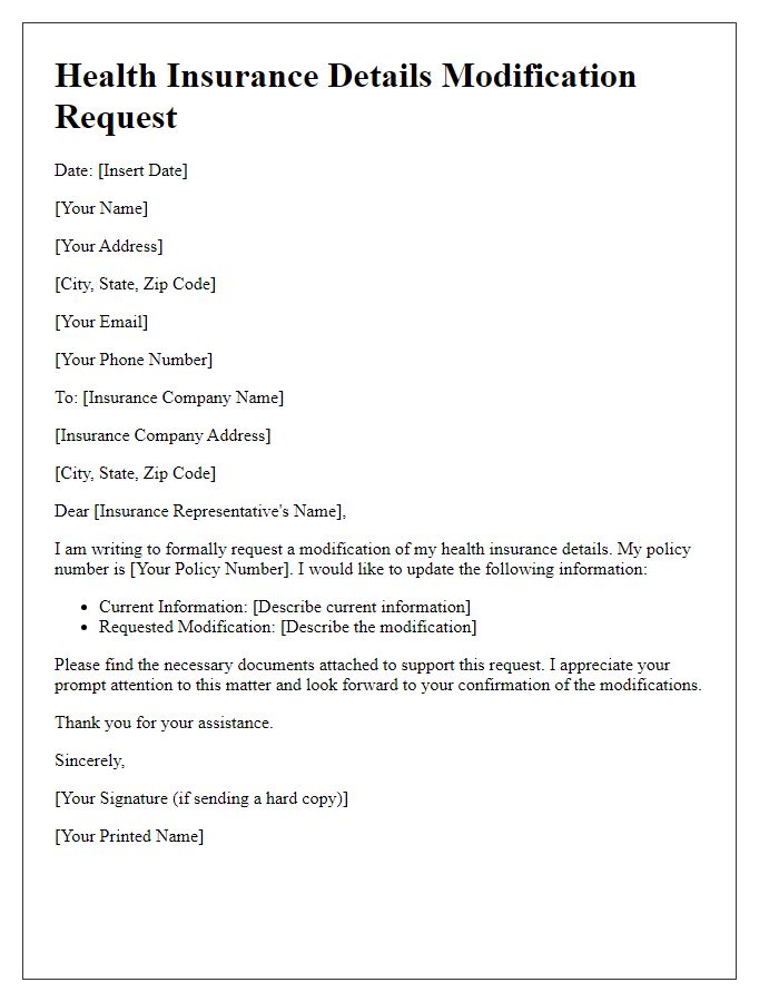 Letter template of health insurance details modification request