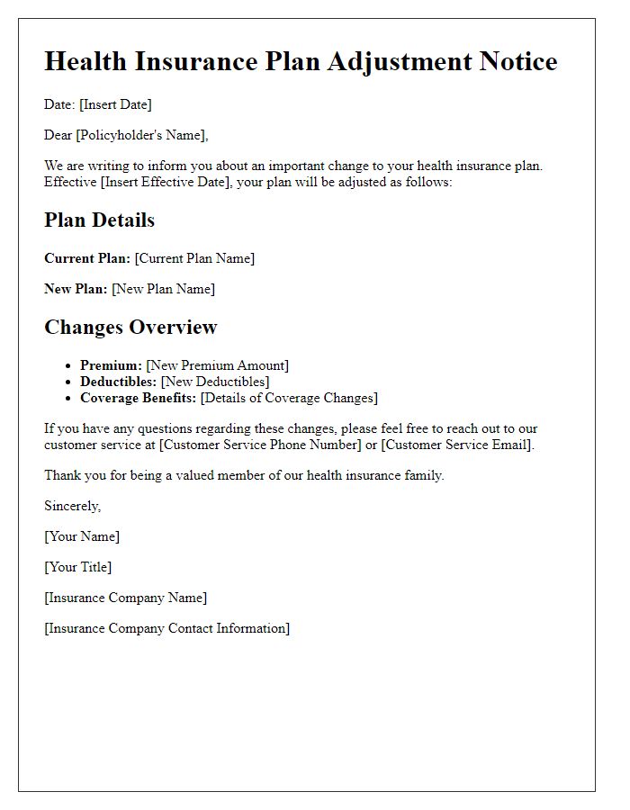 Letter template of health insurance plan adjustment notice