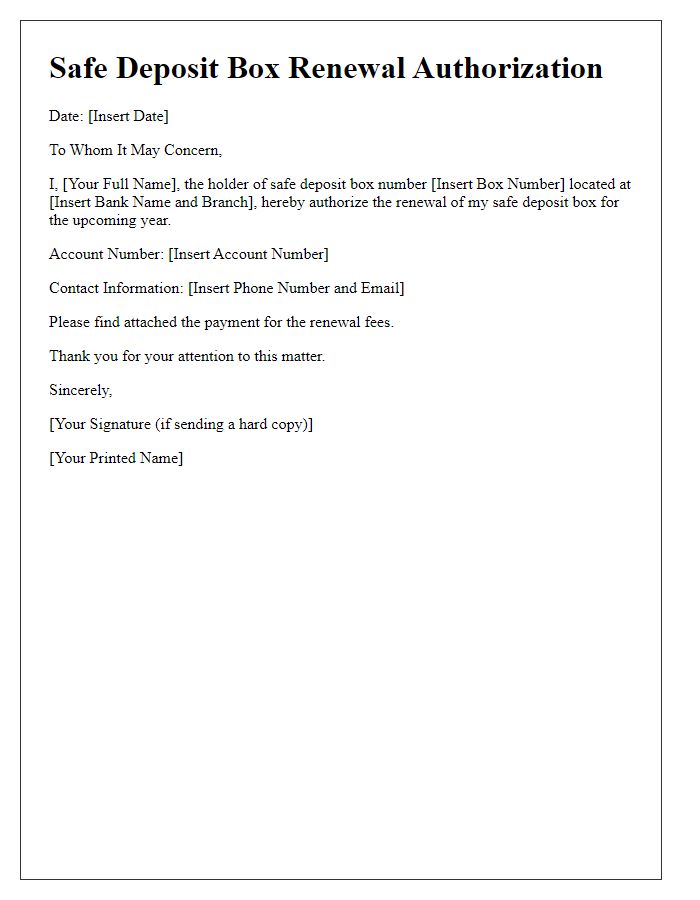 Letter template of safe deposit box renewal authorization.