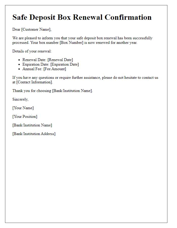 Letter template of safe deposit box renewal confirmation.