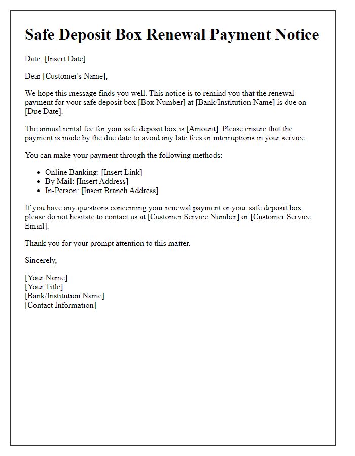 Letter template of safe deposit box renewal payment notice.