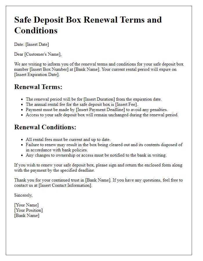 Letter template of safe deposit box renewal terms and conditions.