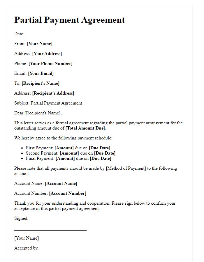 Letter template of partial payment agreement