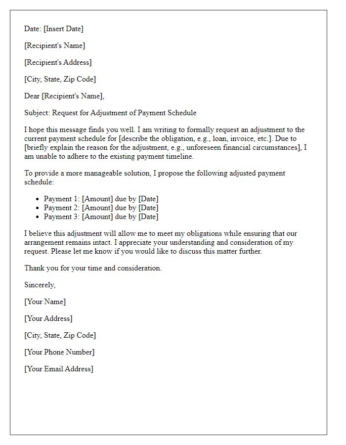 Letter template of payment schedule adjustment