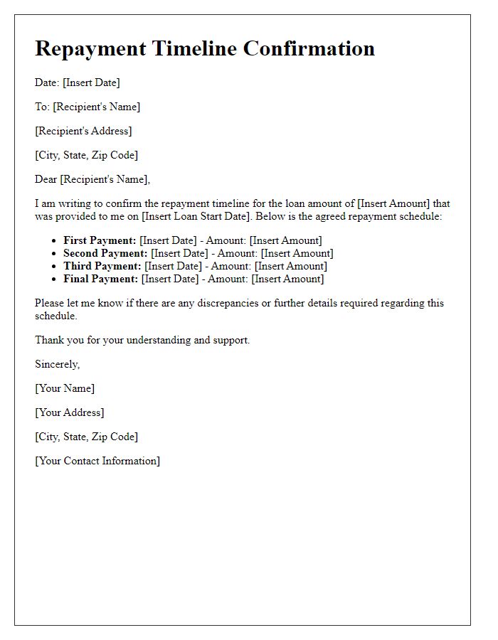 Letter template of repayment timeline confirmation