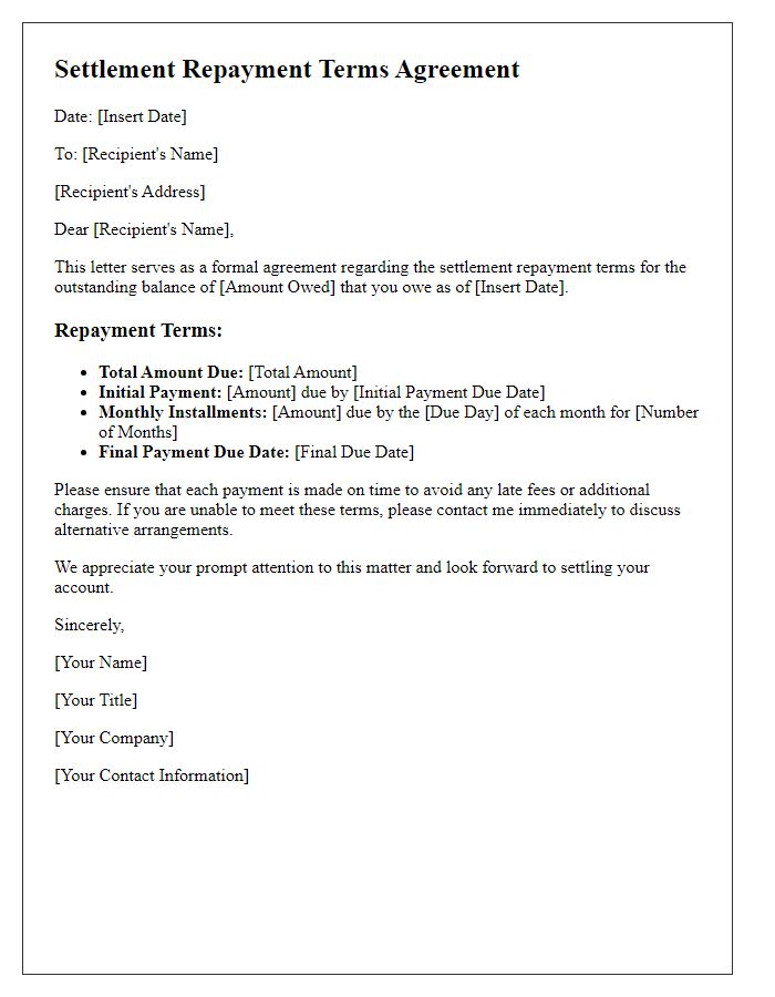 Letter template of settlement repayment terms