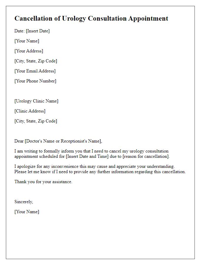 Letter template of cancellation for urology consultation.