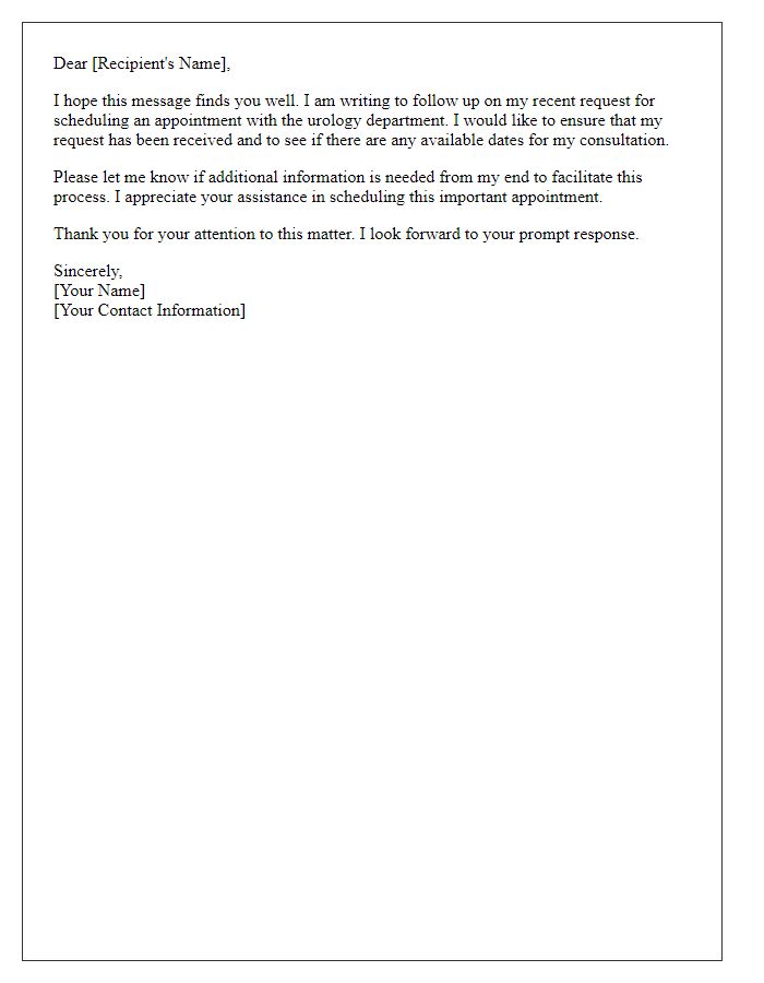 Letter template of follow-up for urology appointment scheduling.