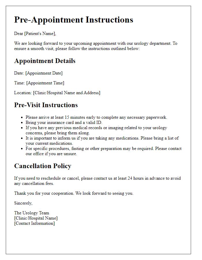 Letter template of pre-appointment instructions for urology visit.