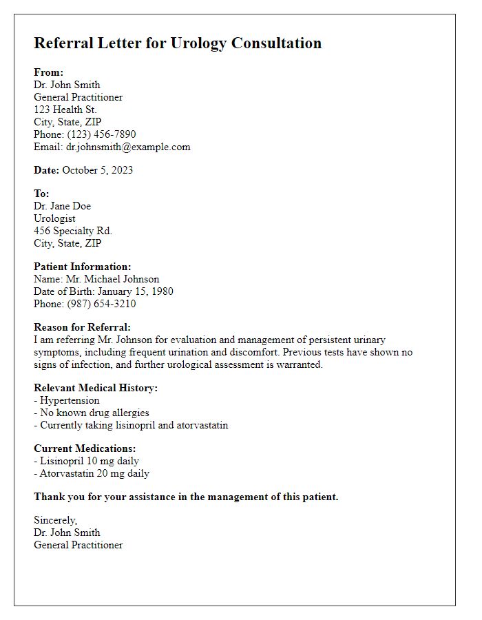 Letter template of referral for urology consultation.