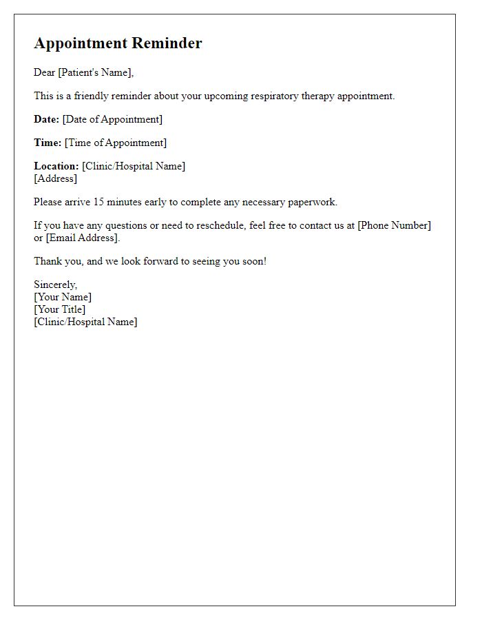 Letter template of respiratory therapy appointment reminder