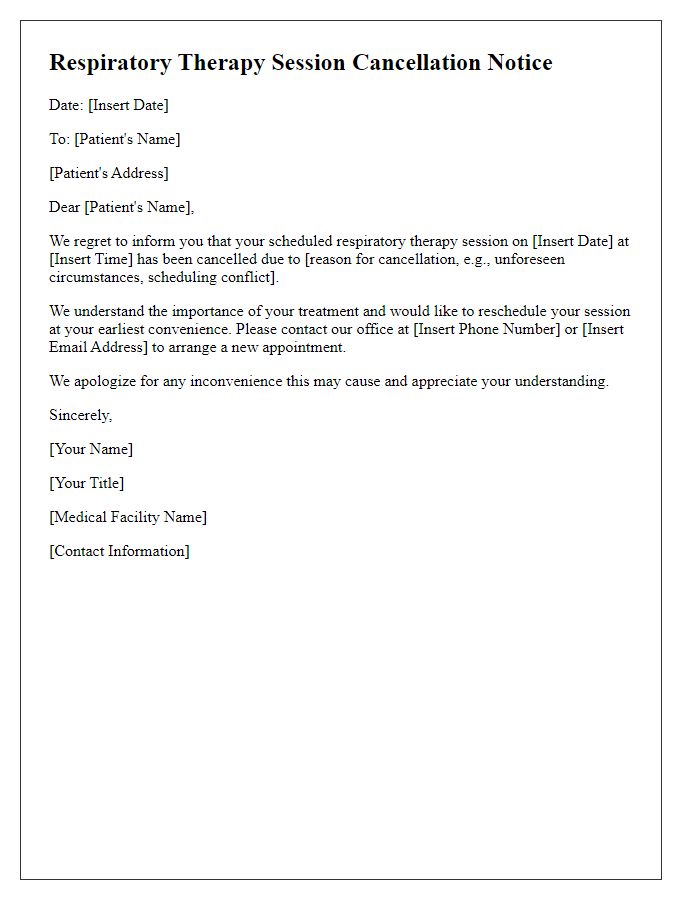 Letter template of respiratory therapy session cancellation notice